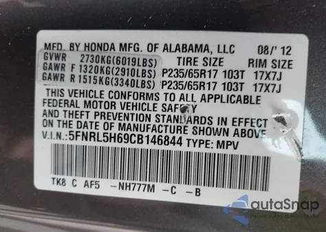 2012 Honda Odyssey Ex-L z USA, uszkodzony, nr VIN 5FNRL5H69CB146844